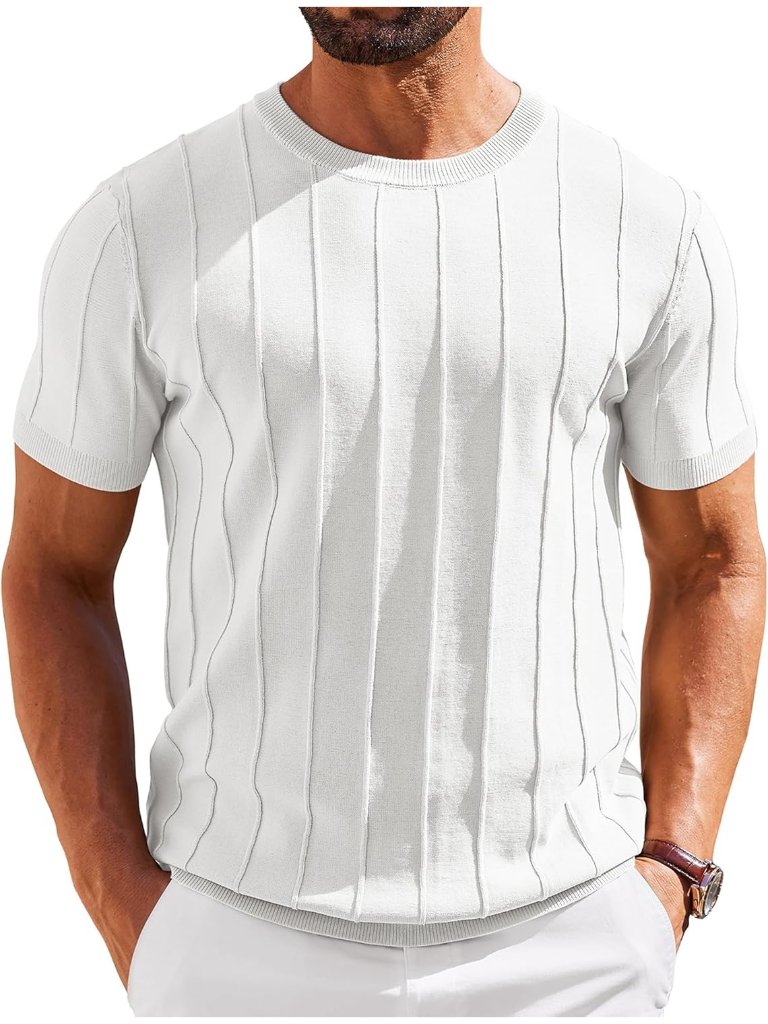 Men's White T Shirts Short Sleeve Knit Sweater Shirt Casual Crewneck Pullover